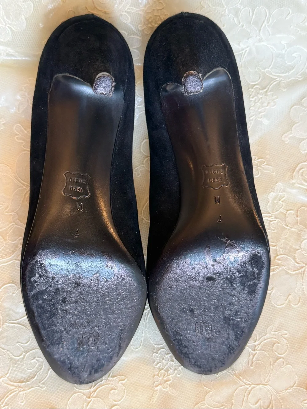 Bruno Magli Black Suede Peep-Toe Pumps with Silver Trim